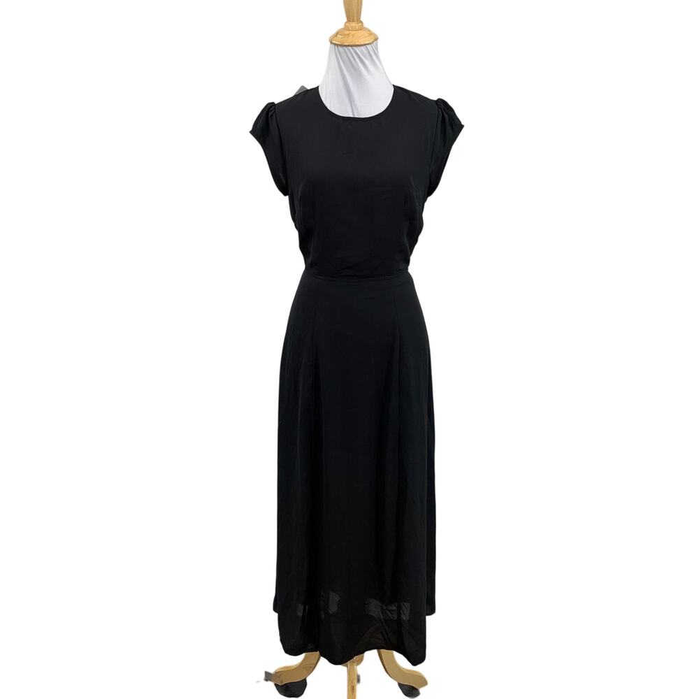 Commense Dress Womens S Small Black Cutout Back Flutter Sleeve Side Slit Midi